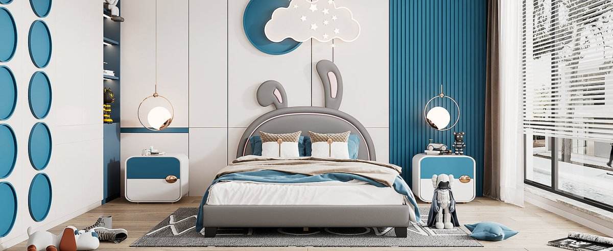 Upholstered PU Leather Platform Bed With Rabbit Ornament - Sleep Galleria