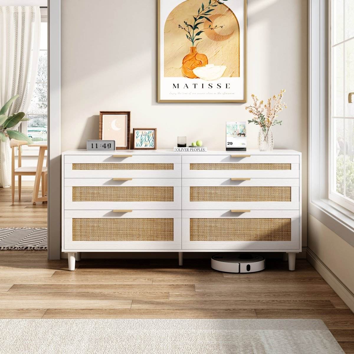 White Modern Rattan 6-Drawer Bedroom Dresser - Sleep Galleria