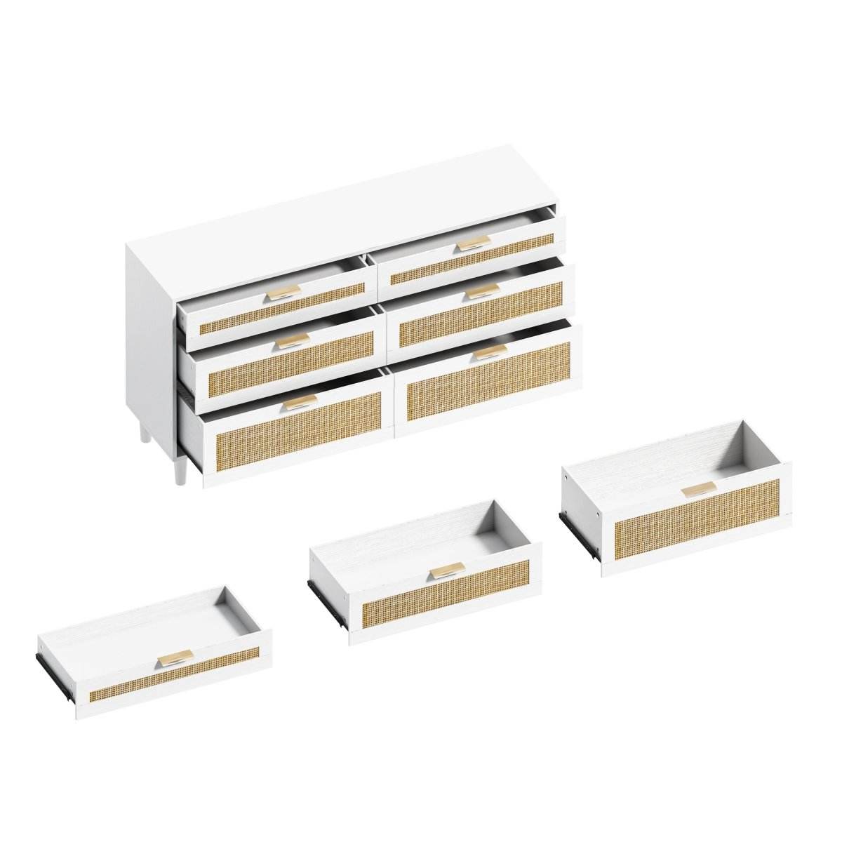 White Modern Rattan 6-Drawer Bedroom Dresser - Sleep Galleria