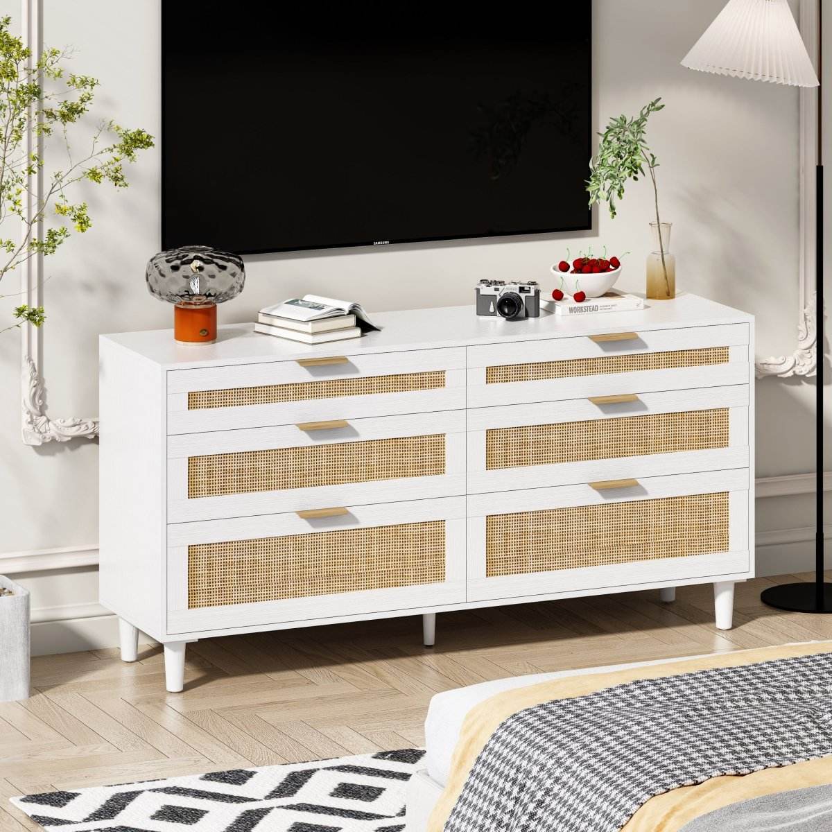 White Modern Rattan 6-Drawer Bedroom Dresser - Sleep Galleria