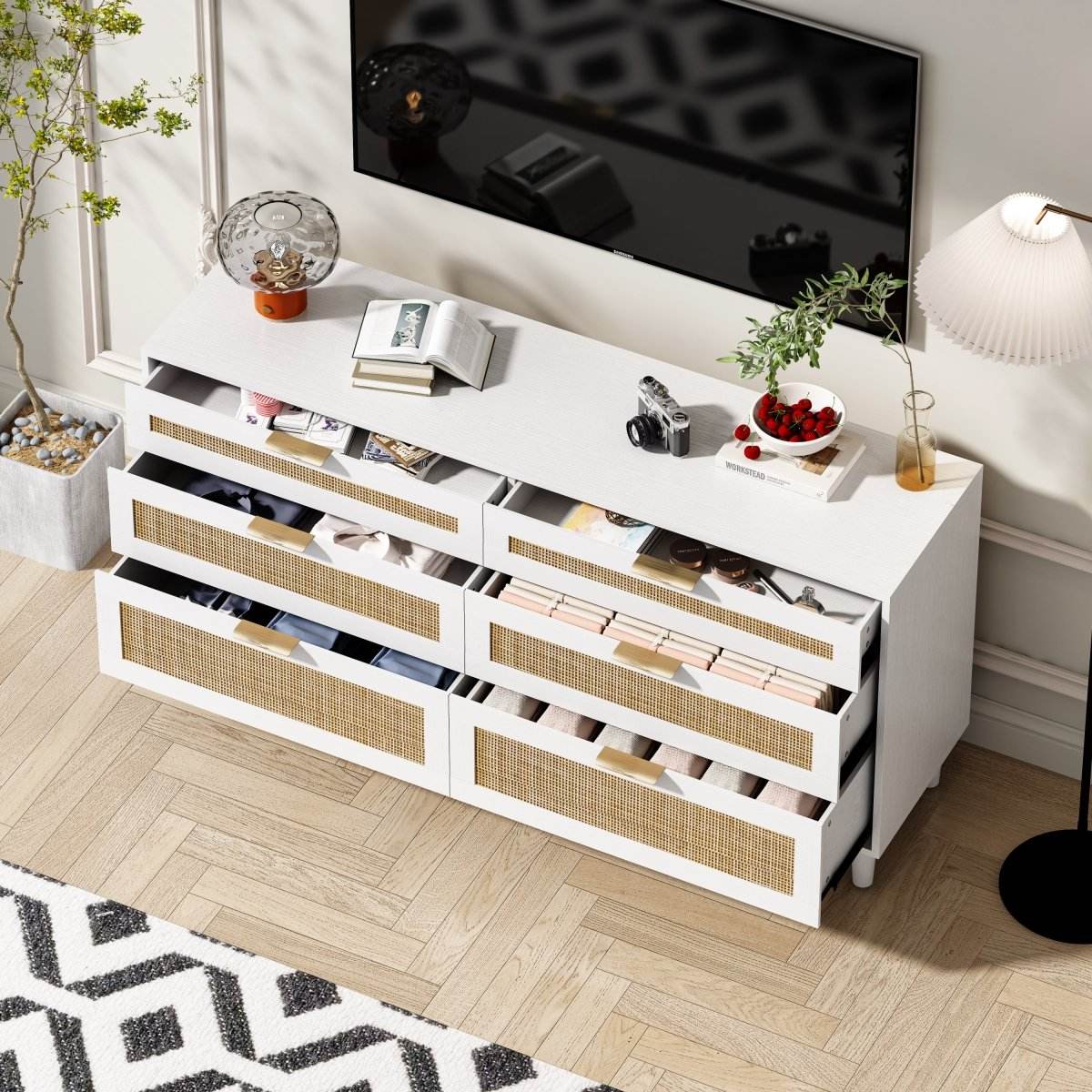 White Modern Rattan 6-Drawer Bedroom Dresser - Sleep Galleria