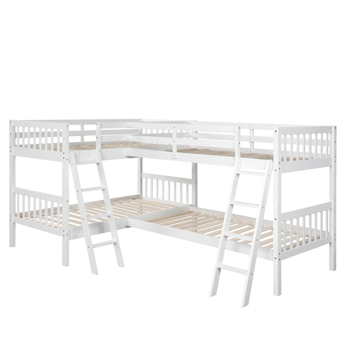 White Solid Wood Twin - Over - Twin L - Shaped Bunk Bed - Veluna - Omega Lifestyles