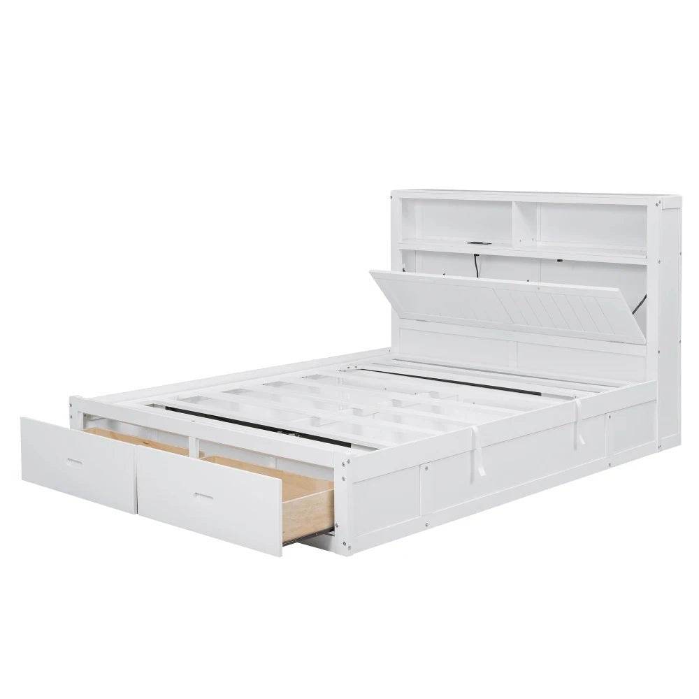 White Wood Hydraulic Platform Bed With Storage Drawers - Omega Lifestyles