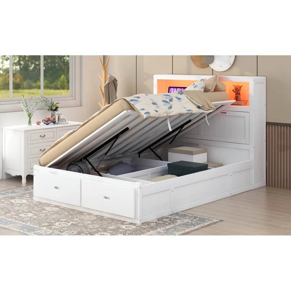 White Wood Hydraulic Platform Bed With Storage Drawers - Omega Lifestyles