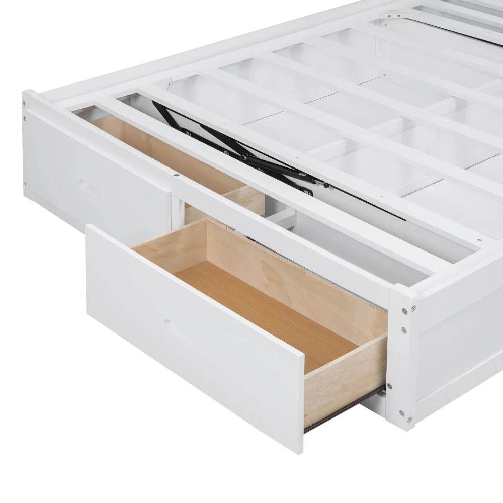 White Wood Hydraulic Platform Bed With Storage Drawers - Omega Lifestyles