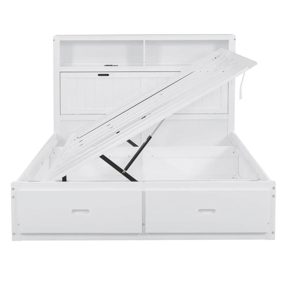 White Wood Hydraulic Platform Bed With Storage Drawers - Omega Lifestyles