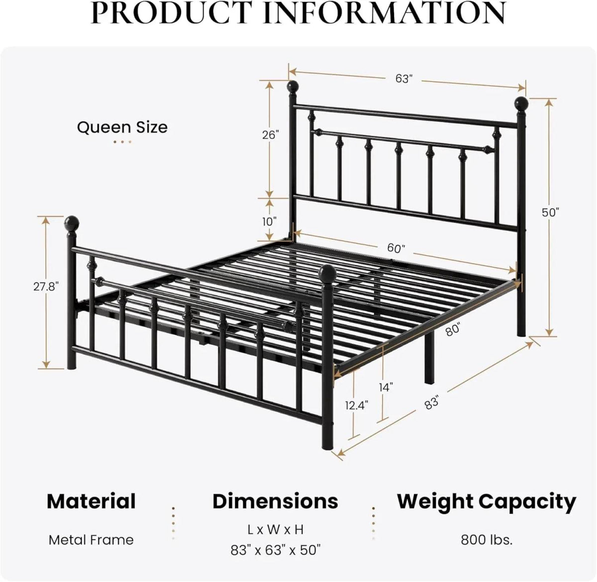 Victorian Metal Platform Bed Frame with Steel Slats - Omega Lifestyles
