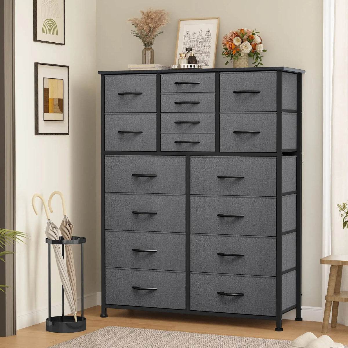 16-Drawer Tall Black Gray Fabric Dresser - Omega Lifestyles