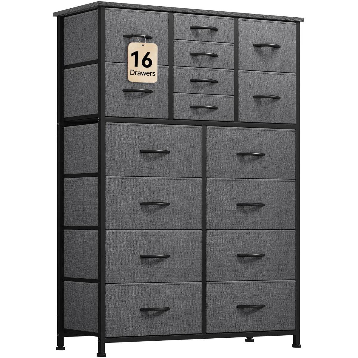 16-Drawer Tall Black Gray Fabric Dresser - Omega Lifestyles
