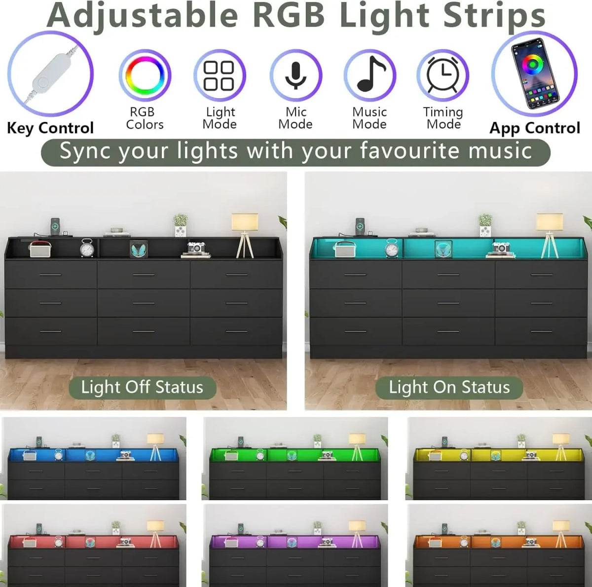 9-Drawer Modern Dresser With Power Outlet And LED Light - Omega Lifestyles