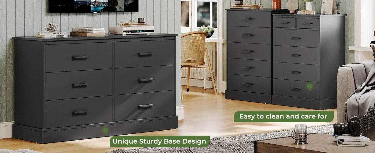 Black 6-Drawer Wood Storage Dresser Chest - Omega Lifestyles