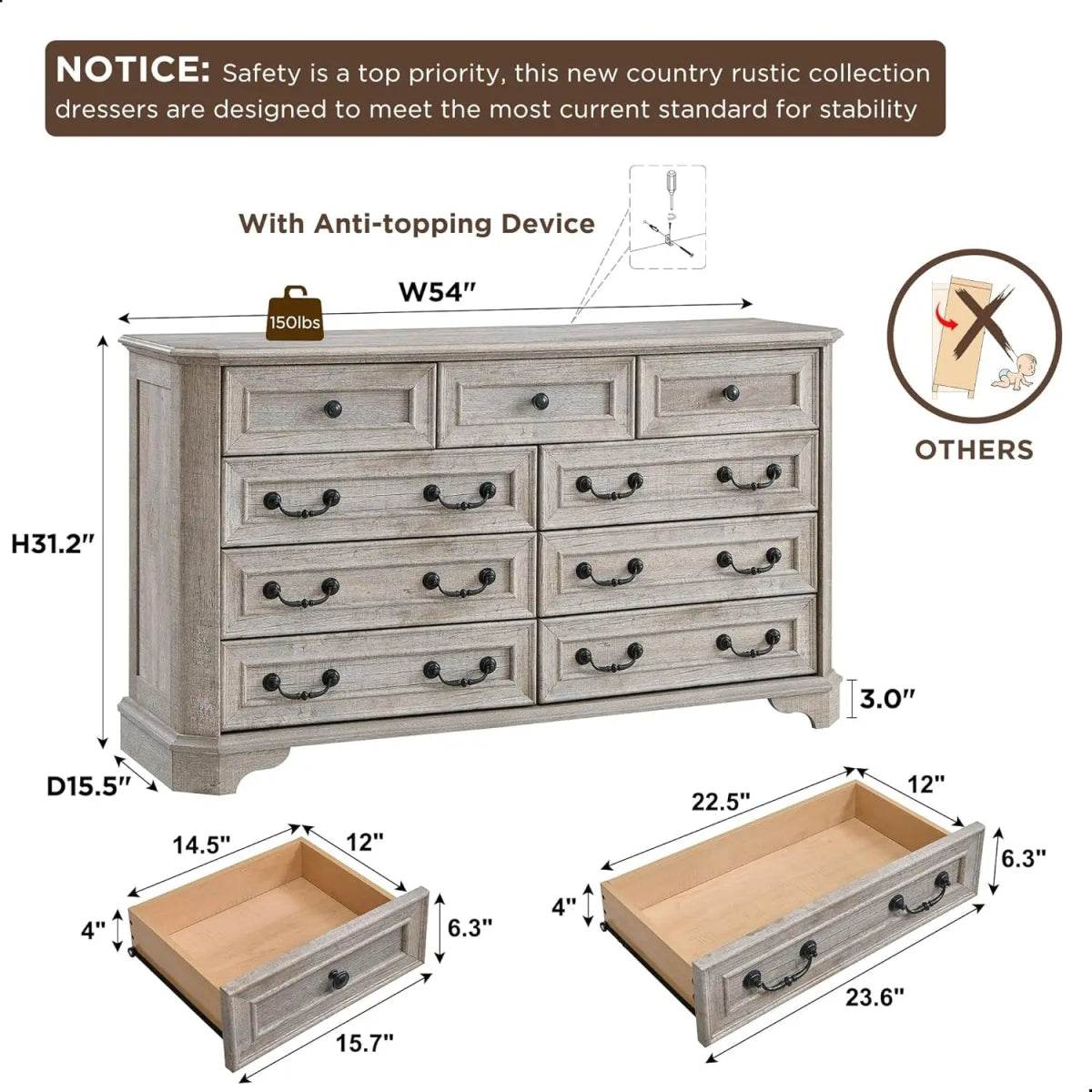 Farmhouse Rustic 9-Drawer Engineered Wood Dresser - Omega Lifestyles