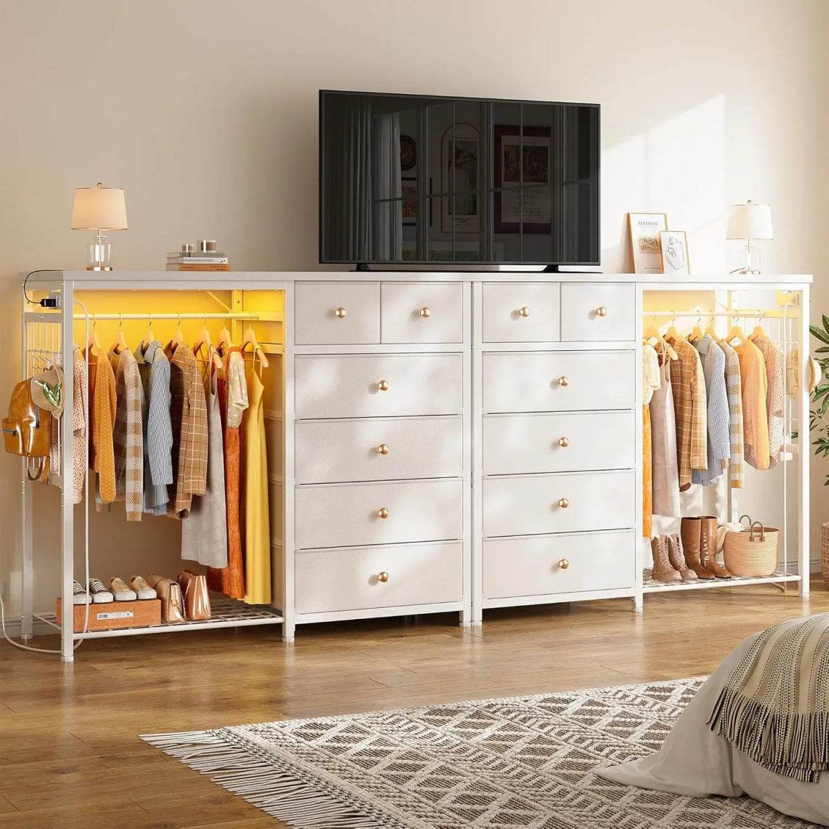 Modern 6-Drawer White Dresser With Hanging Rack And LED Lights - Omega Lifestyles