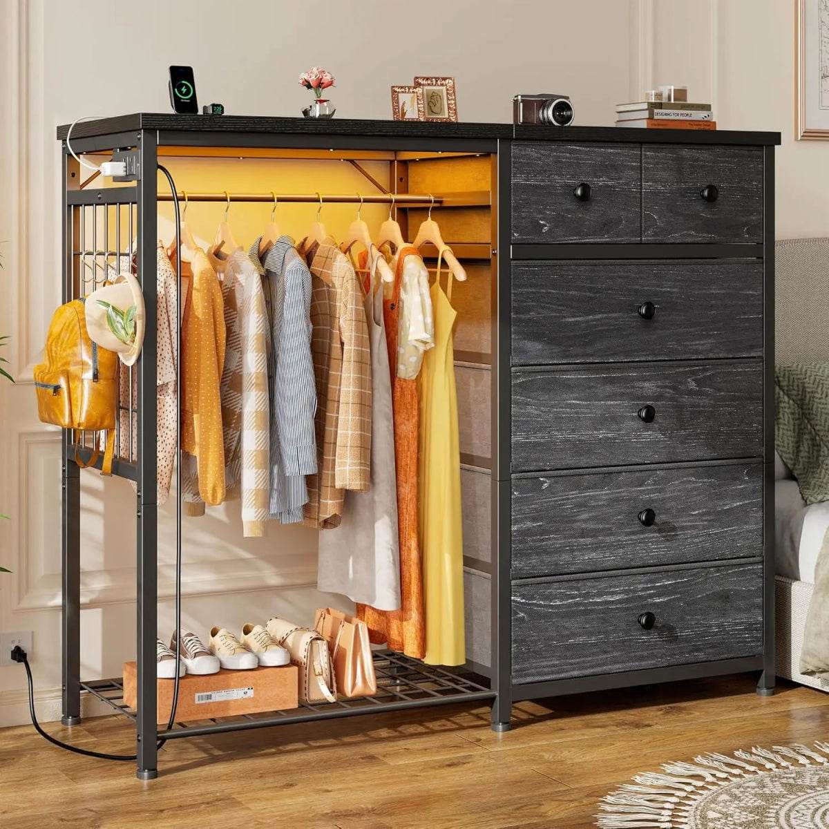 Modern 6-Drawer White Dresser With Hanging Rack And LED Lights - Omega Lifestyles