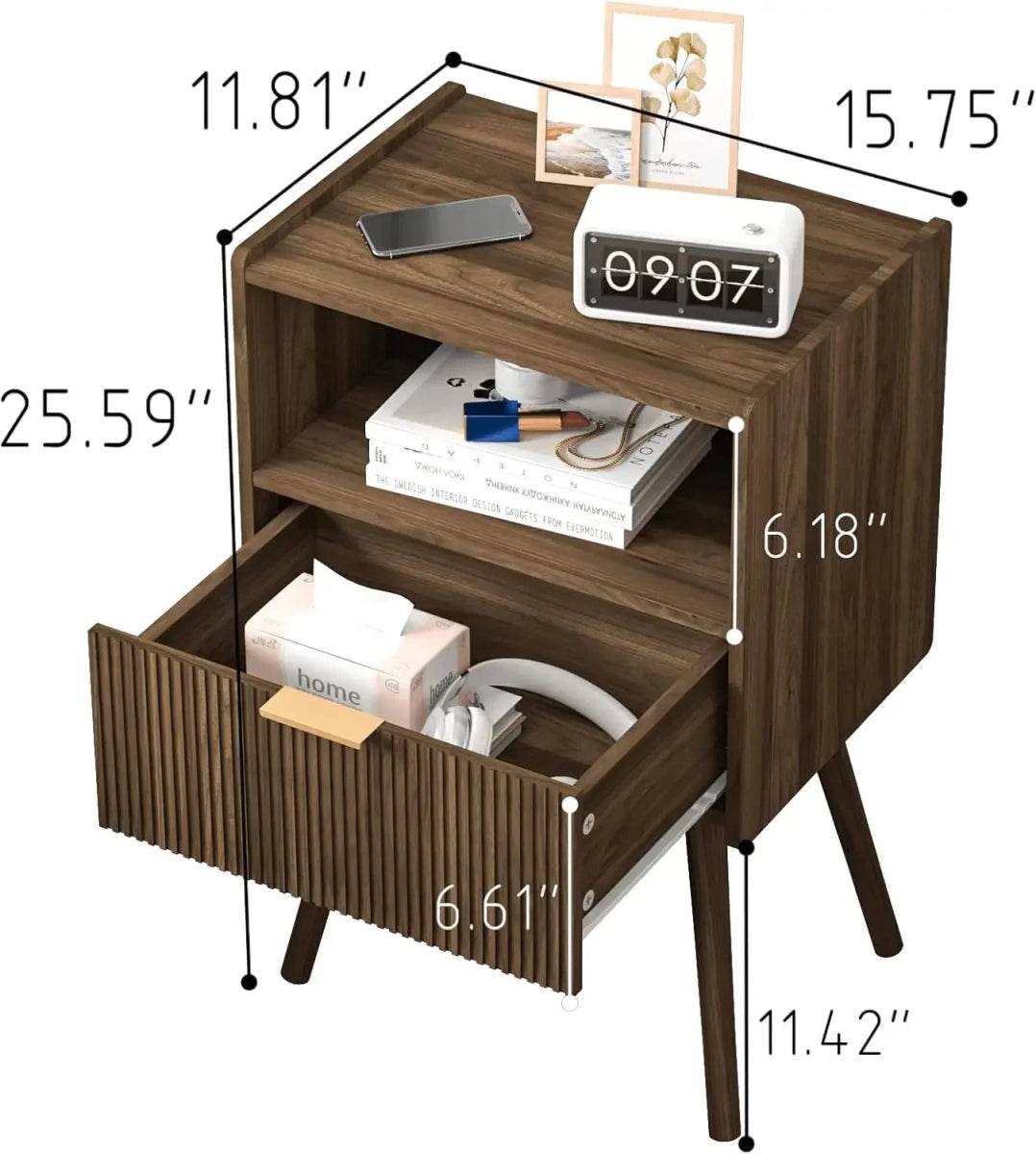 Modern Walnut Brown Engineered Wood Nightstand Table - Omega Lifestyles
