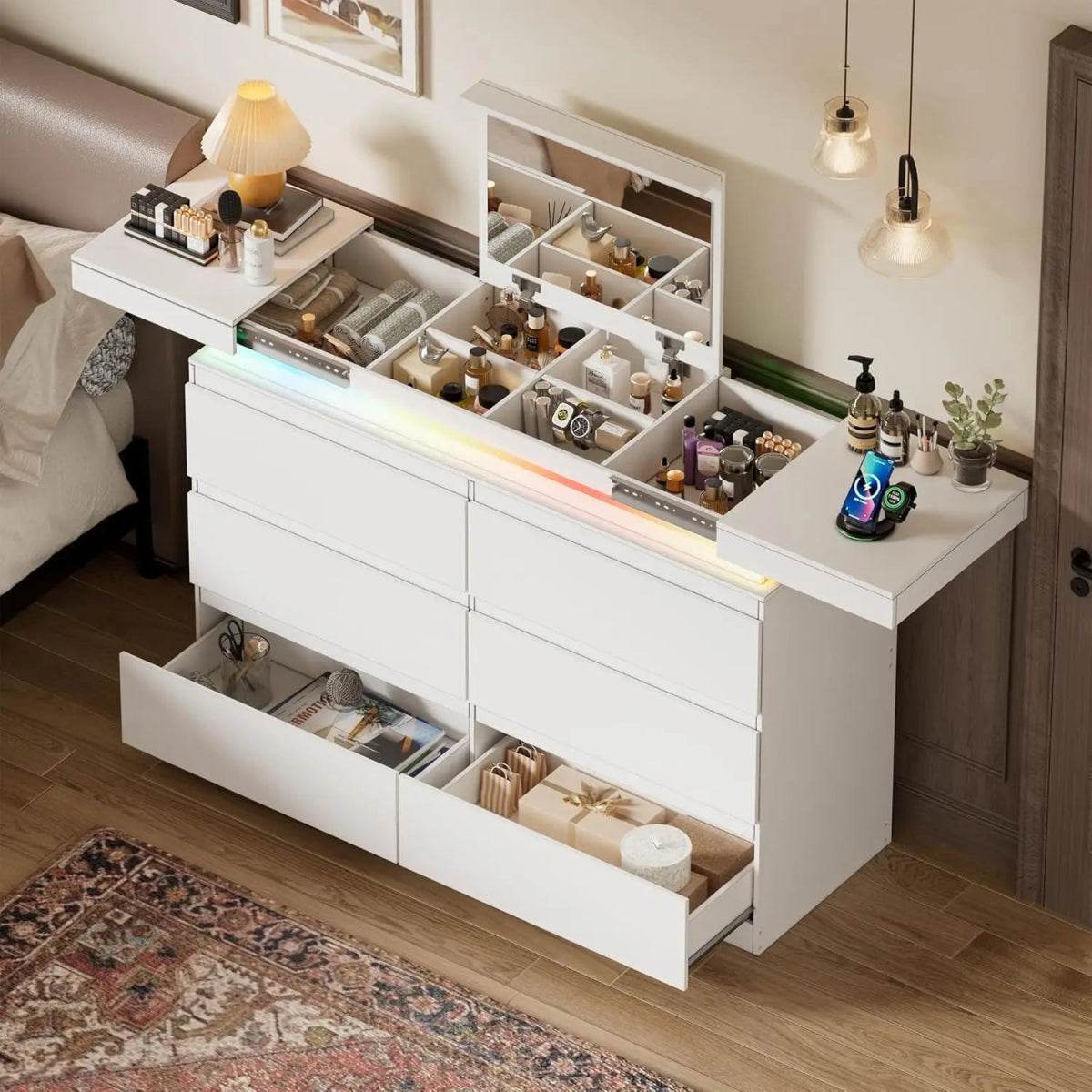 Modern White 6-Drawer Dresser With Mirror Charging Station - Omega Lifestyles