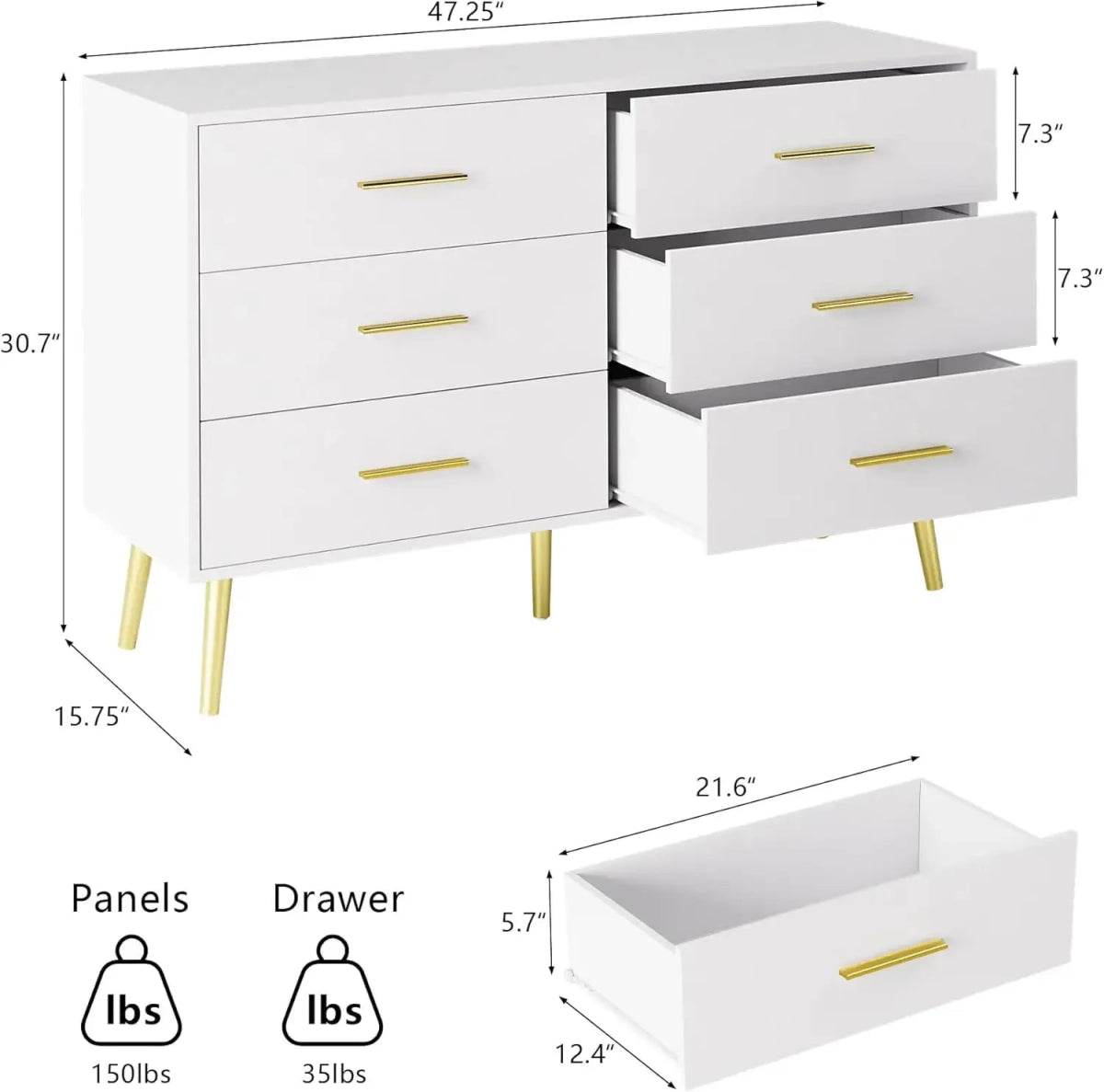 Modern White 6-Drawer Engineered Wood Dresser - Omega Lifestyles