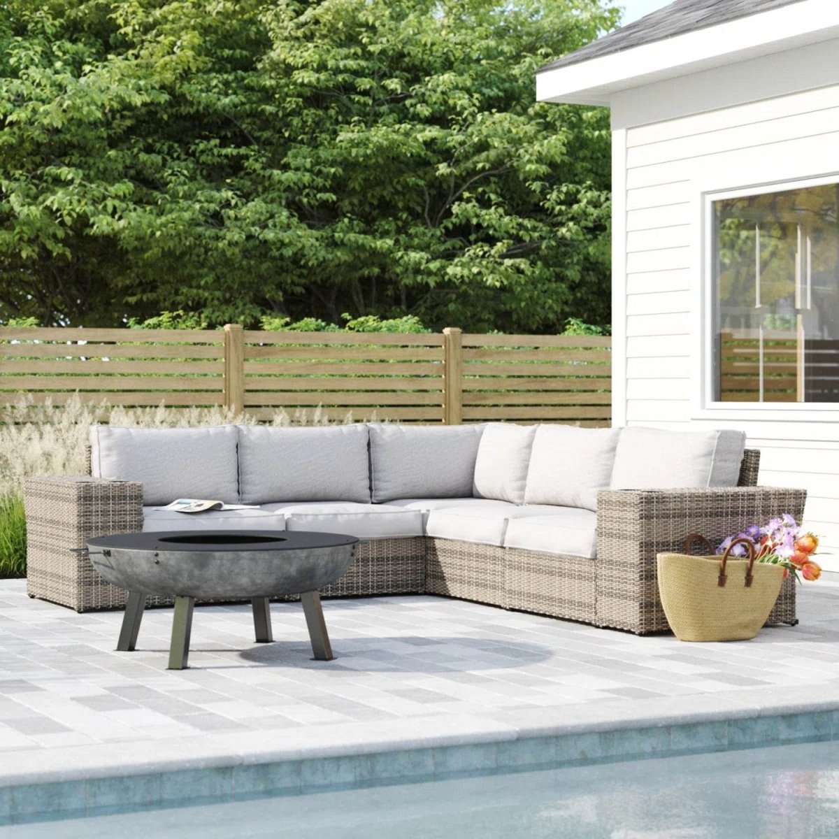 102 - Inch Grey Wicker Outdoor Patio Sectional With Cushions - Zenvia - Omega Lifestyles