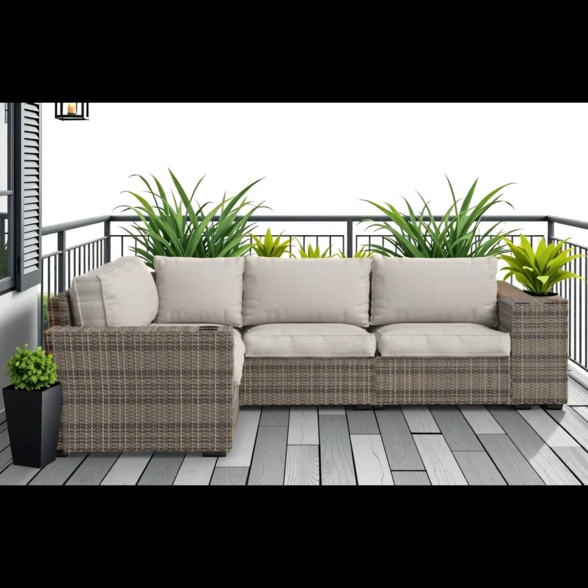 102 - Inch Grey Wicker Outdoor Patio Sectional With Cushions - Zenvia - Omega Lifestyles