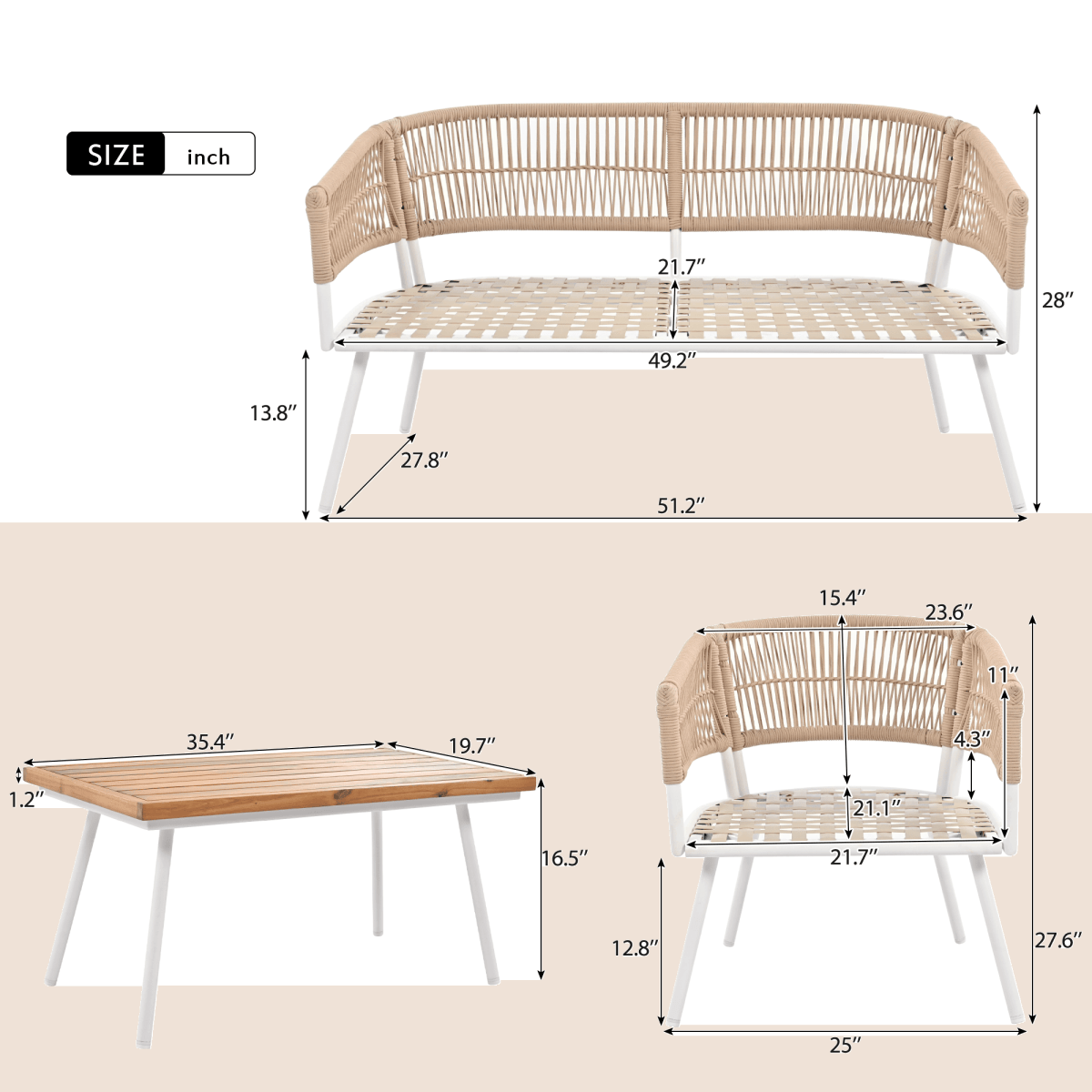 4 - Piece Boho Rope Patio Furniture Set With Acacia Table - Zenvia - Omega Lifestyles