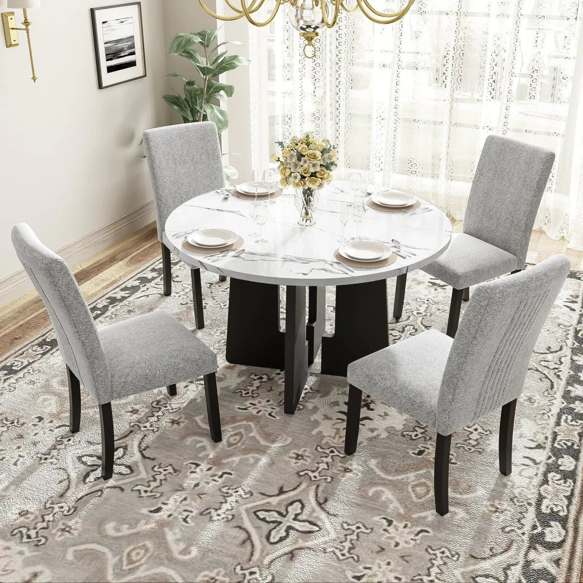 5-Piece Round Solid Wood MDF Dining Table Set With Upholstered Chairs - Omega Lifestyles