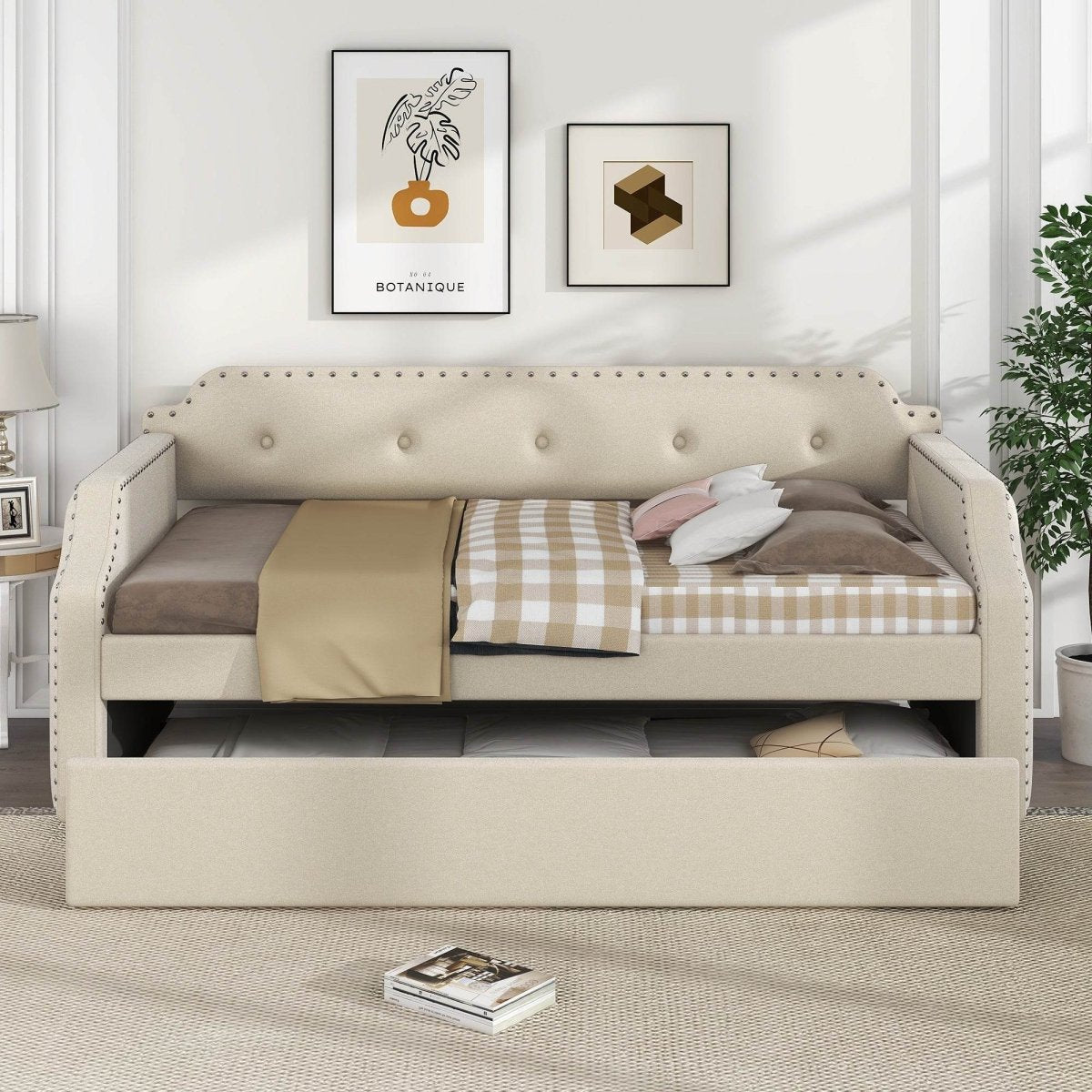 Beige Linen Upholstered Daybed With Trundle - Sleep Galleria