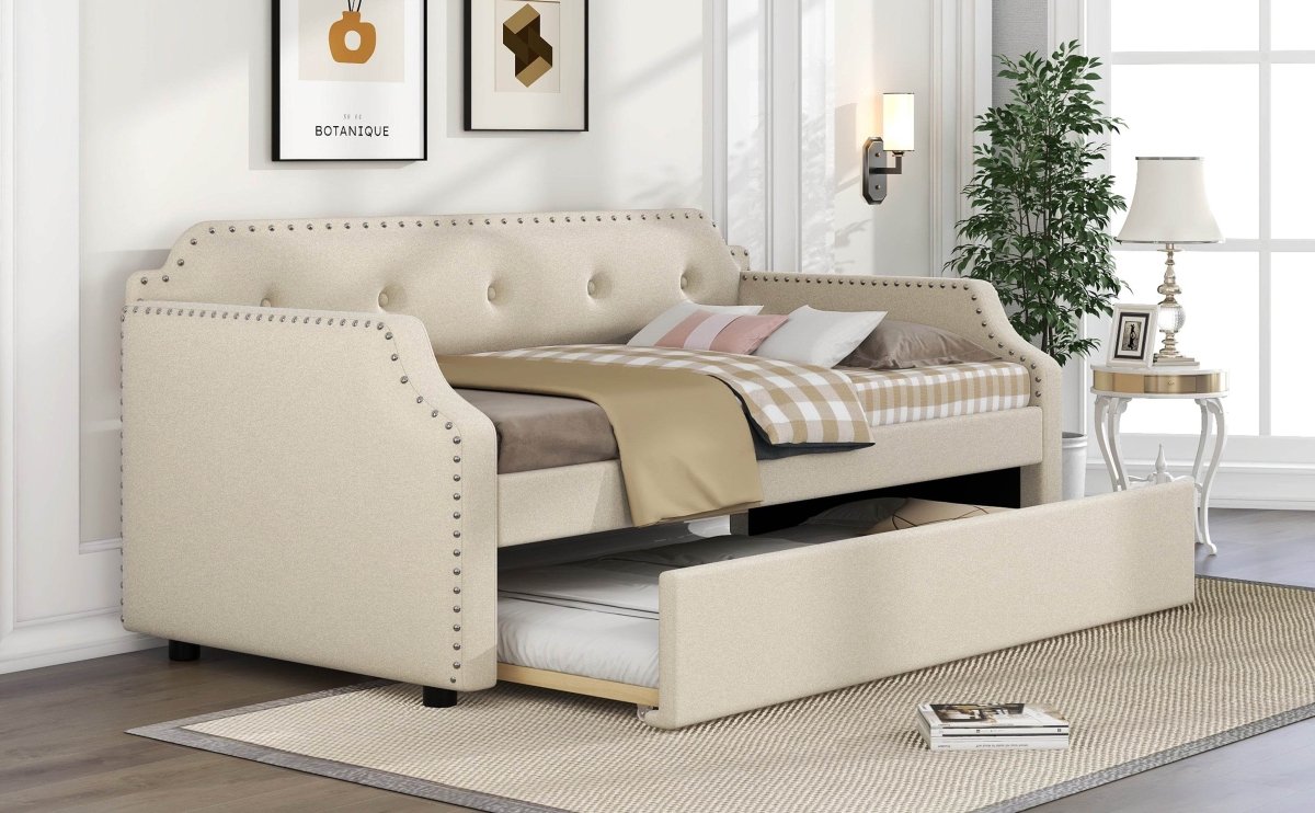 Beige Linen Upholstered Daybed With Trundle - Sleep Galleria