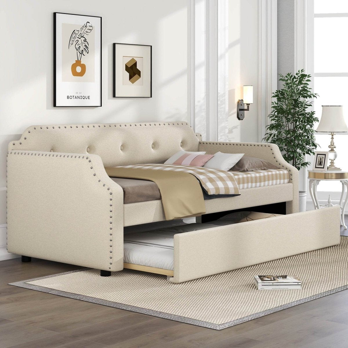 Beige Linen Upholstered Daybed With Trundle - Sleep Galleria