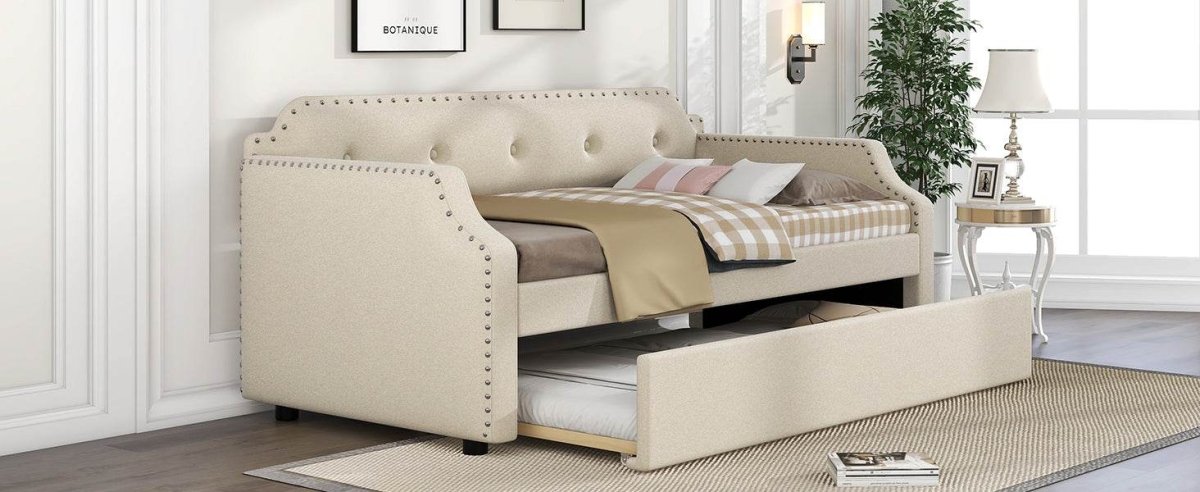 Beige Linen Upholstered Daybed With Trundle - Sleep Galleria