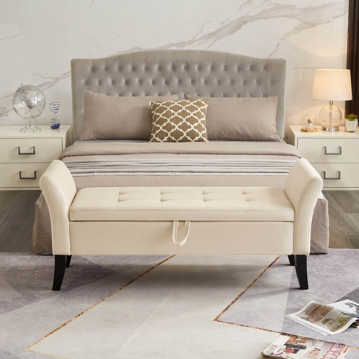 Beige Velvet Storage Bed Bench With Foam Seat - Sleep Galleria
