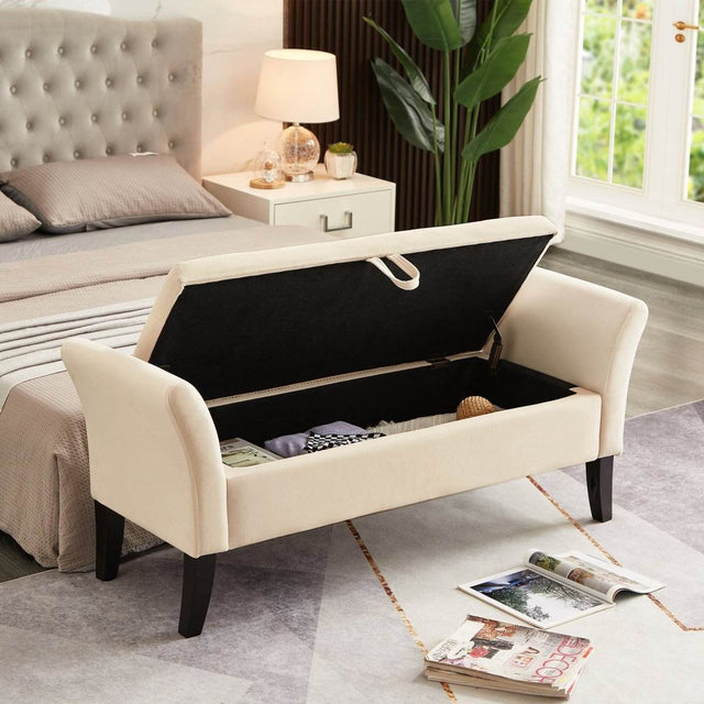 Beige Velvet Storage Bed Bench With Foam Seat - Omega Lifestyles
