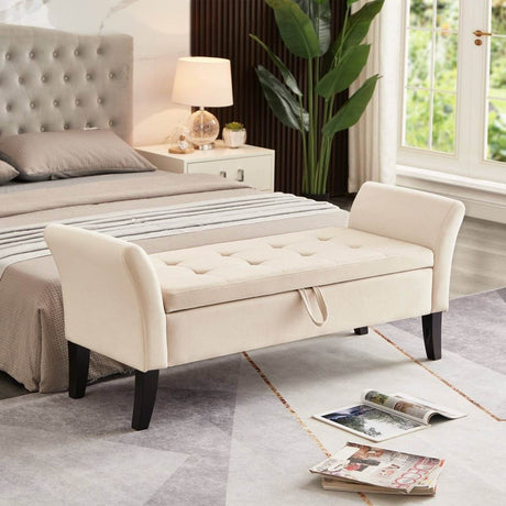 Beige Velvet Storage Bed Bench With Foam Seat - Sleep Galleria