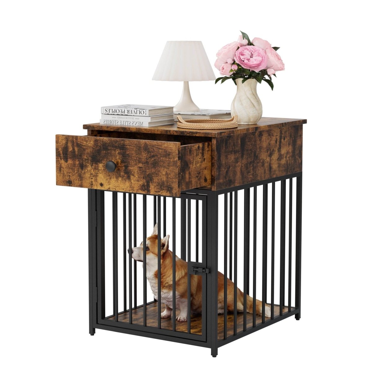 Brown MDF Iron Pet Dog Crate With Drawer Storage - Sleep Galleria