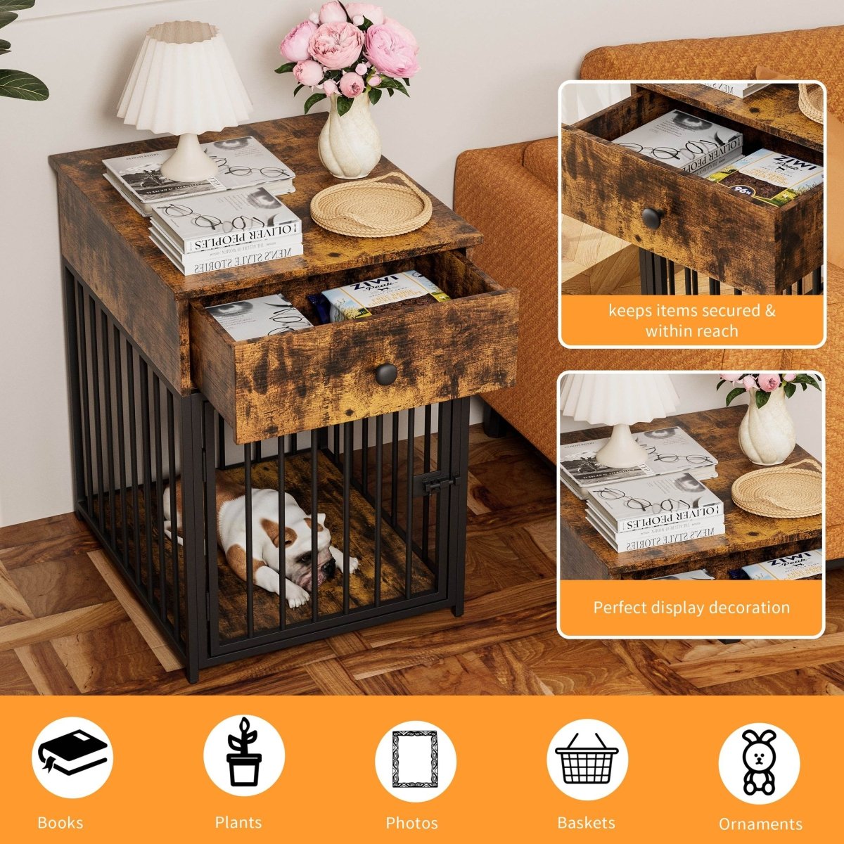 Brown MDF Iron Pet Dog Crate With Drawer Storage - Sleep Galleria