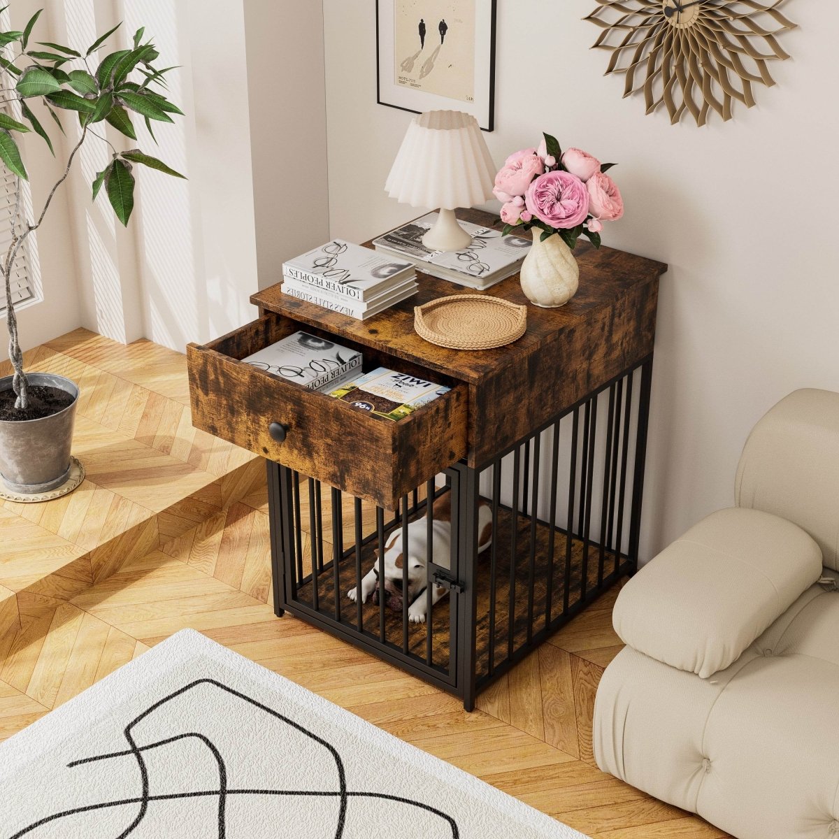 Brown MDF Iron Pet Dog Crate With Drawer Storage - Sleep Galleria