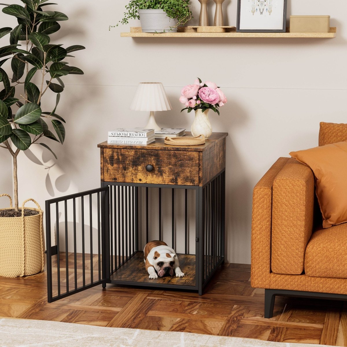 Brown MDF Iron Pet Dog Crate With Drawer Storage - Sleep Galleria