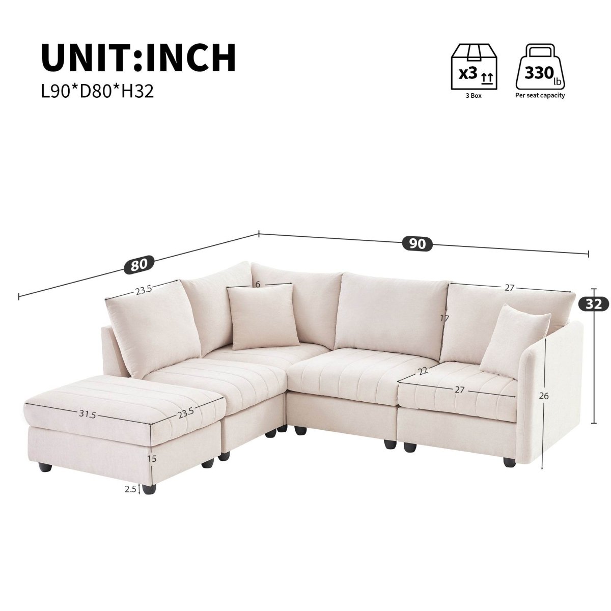 Contemporary L-Shaped 5-Seat Sectional Sofa - Sleep Galleria