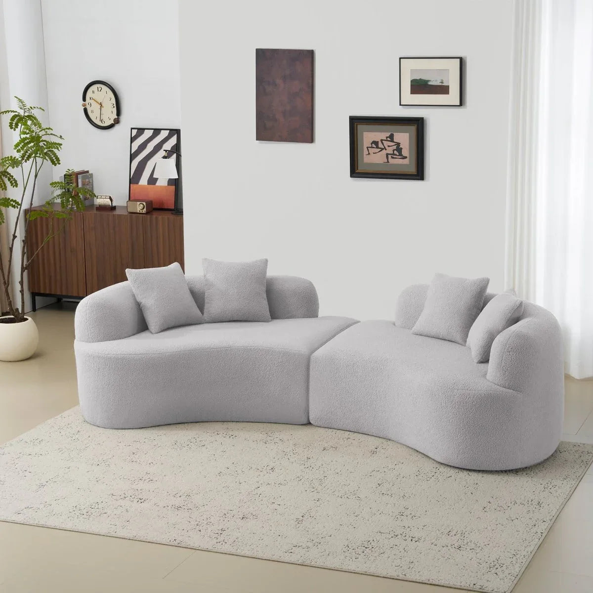 Curved Four-Seater Grey Teddy Velvet Foam Sofa - Omega Lifestyles
