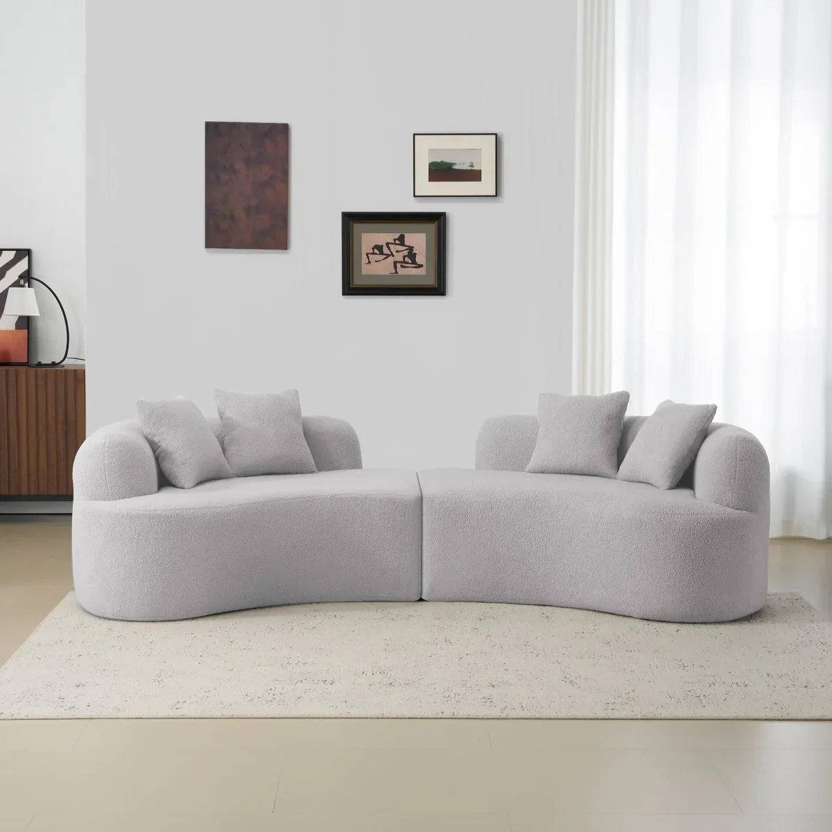 Curved Four-Seater Grey Teddy Velvet Foam Sofa - Omega Lifestyles