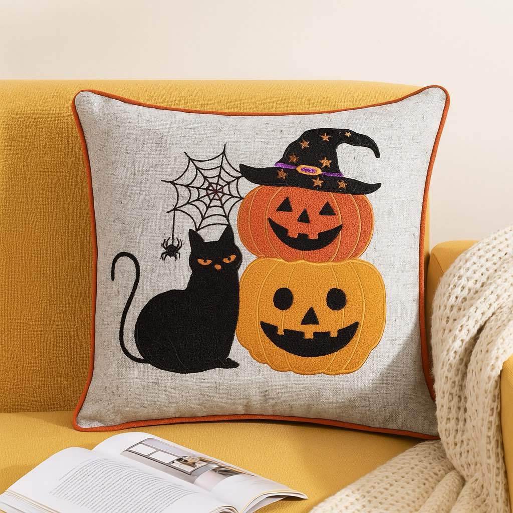 Embroidered Halloween Black Cat Pumpkin Throw Pillow 20 - Inch - Zenvia - Omega Lifestyles