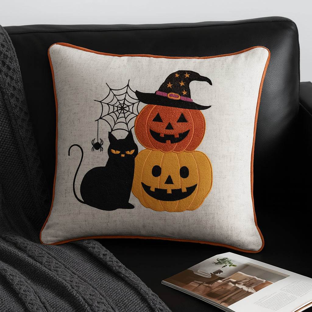 Embroidered Halloween Black Cat Pumpkin Throw Pillow 20 - Inch - Zenvia - Omega Lifestyles