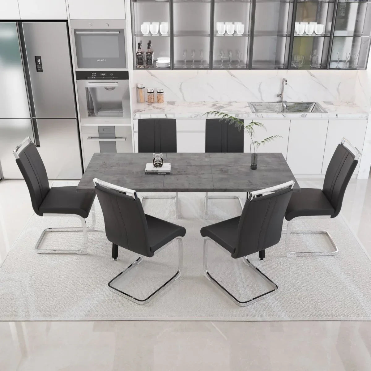 Expandable Grey MDF Dining Table Set With 6 Cushioned Chairs - Omega Lifestyles