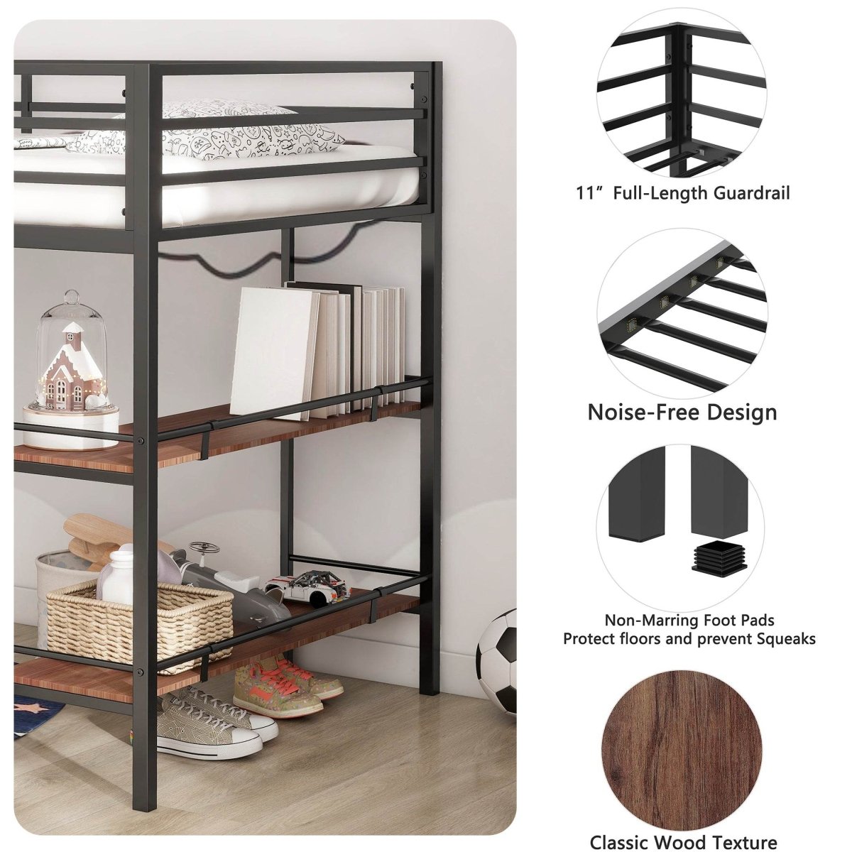 Junior Twin Loft Bunk Bed Metal Frame With Shelf - Zenvia - Omega Lifestyles