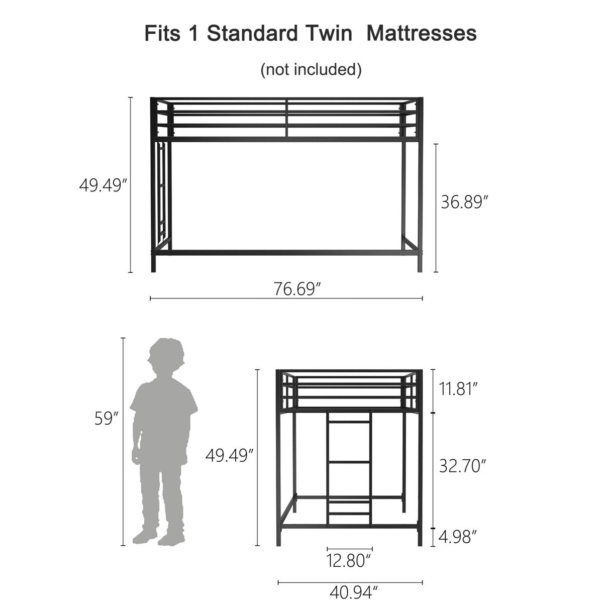 Junior Twin Loft Bunk Bed Metal Frame With Shelf - Zenvia - Omega Lifestyles