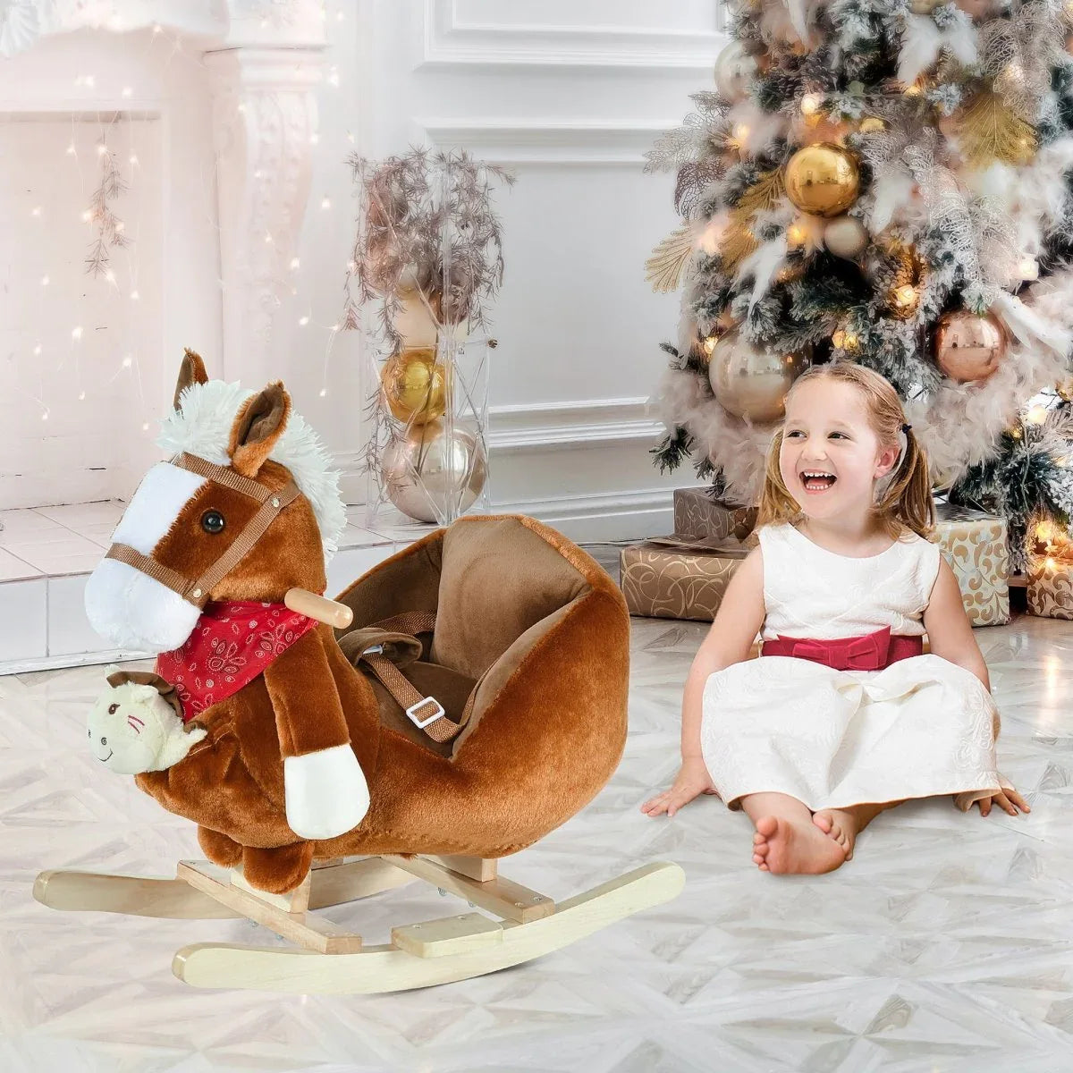 Kids Plush Ride-On Rocking Horse With Soothing Lullaby - Omega Lifestyles