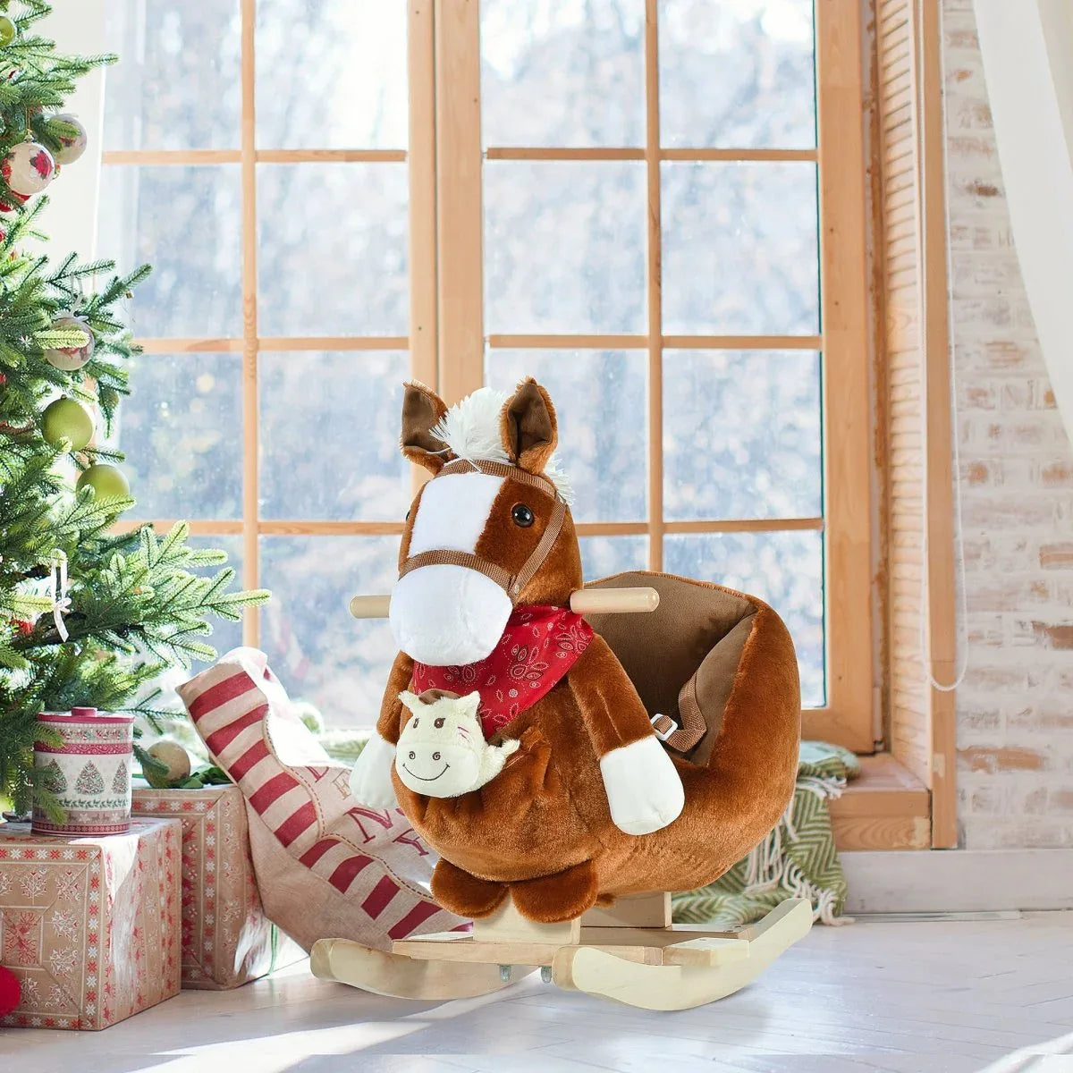 Kids Plush Ride-On Rocking Horse With Soothing Lullaby - Omega Lifestyles