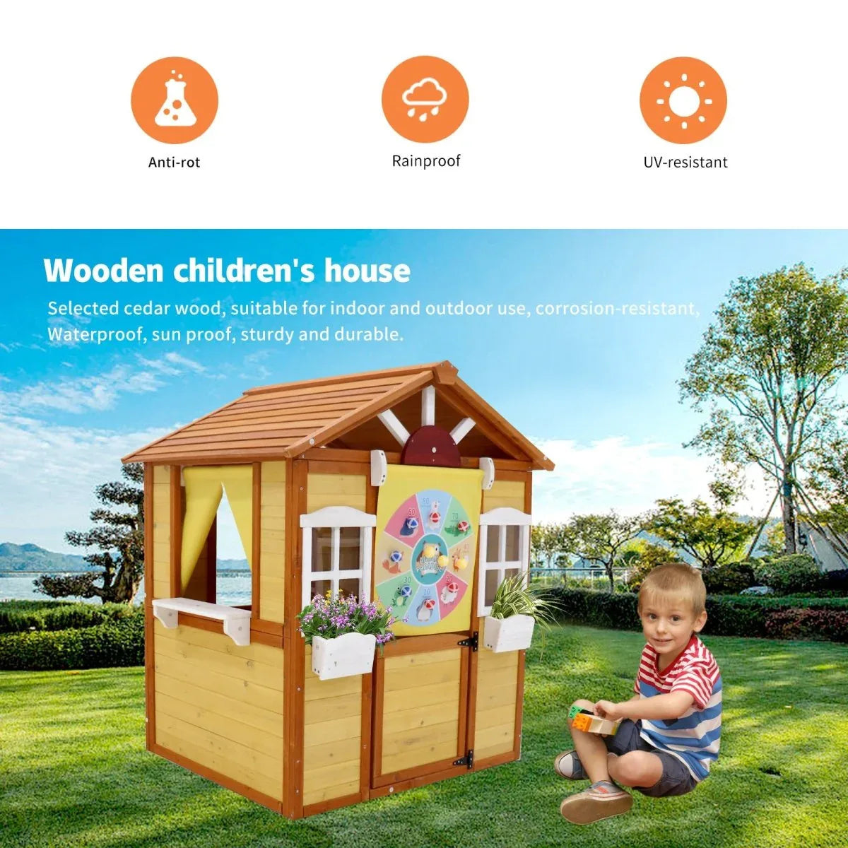 Kids Solid Wood Outdoor Playhouse With Working Doors Windows - Omega Lifestyles