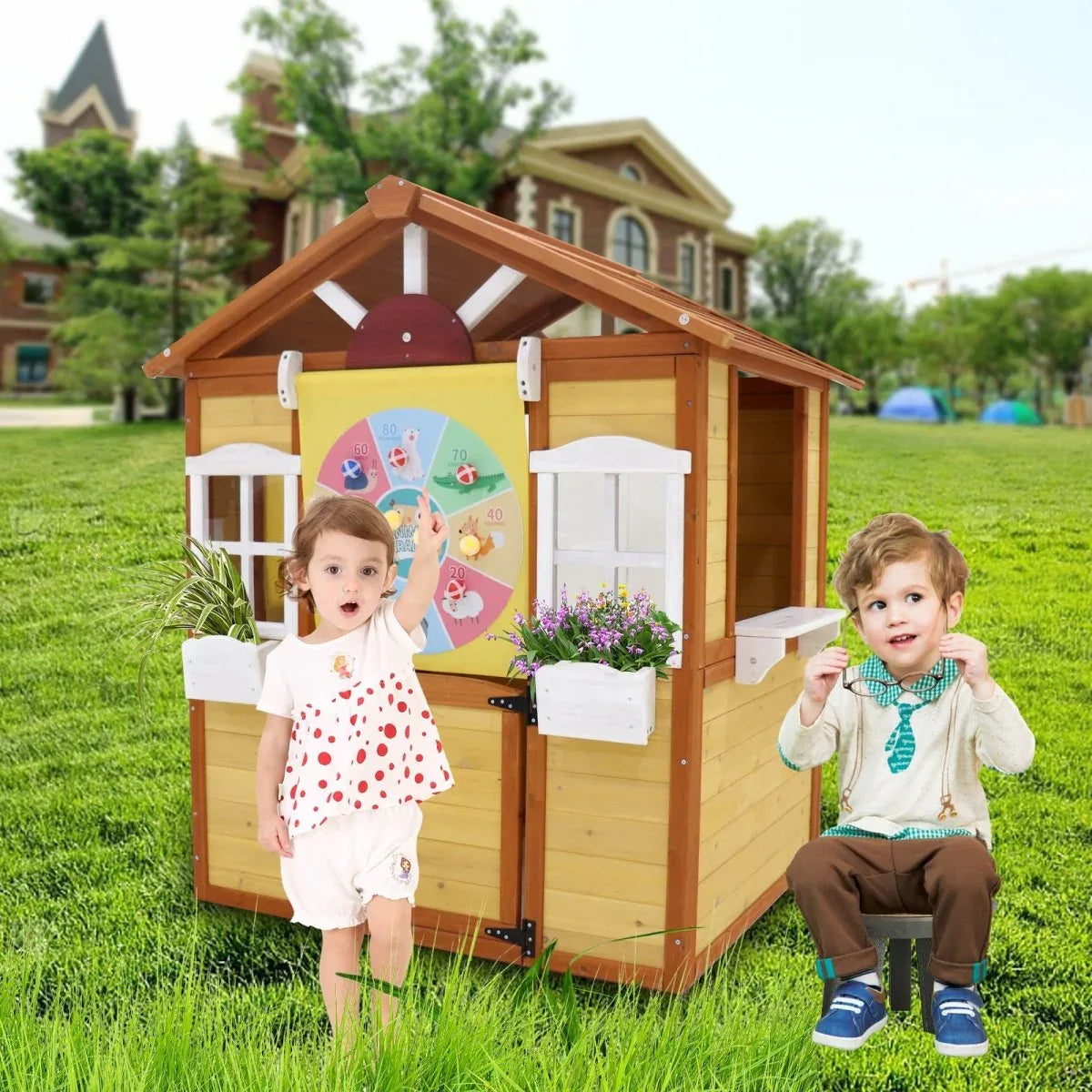 Kids Solid Wood Outdoor Playhouse With Working Doors Windows - Omega Lifestyles