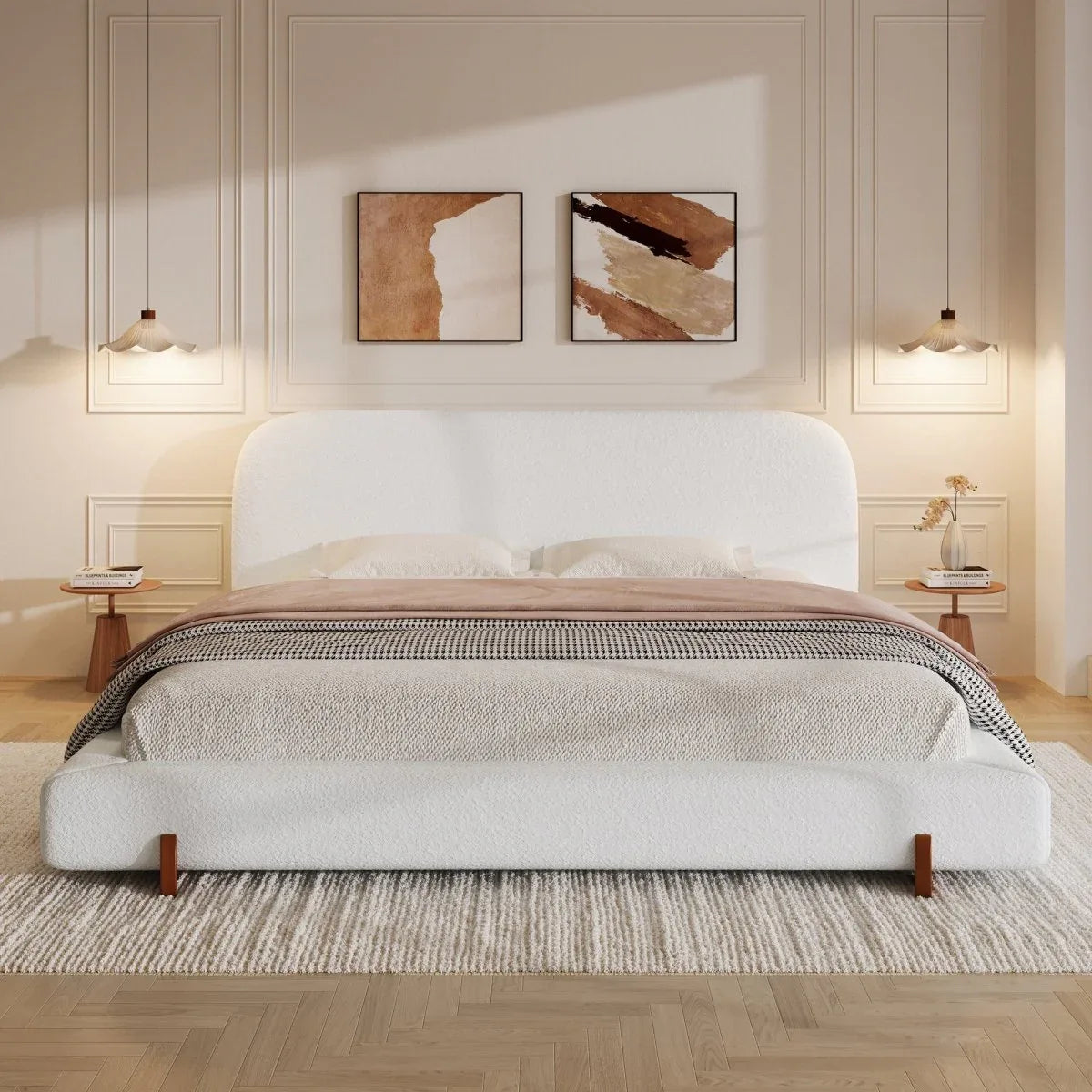 King White Fabric Upholstered Bed Frame With Rubberwood Legs - Omega Lifestyles