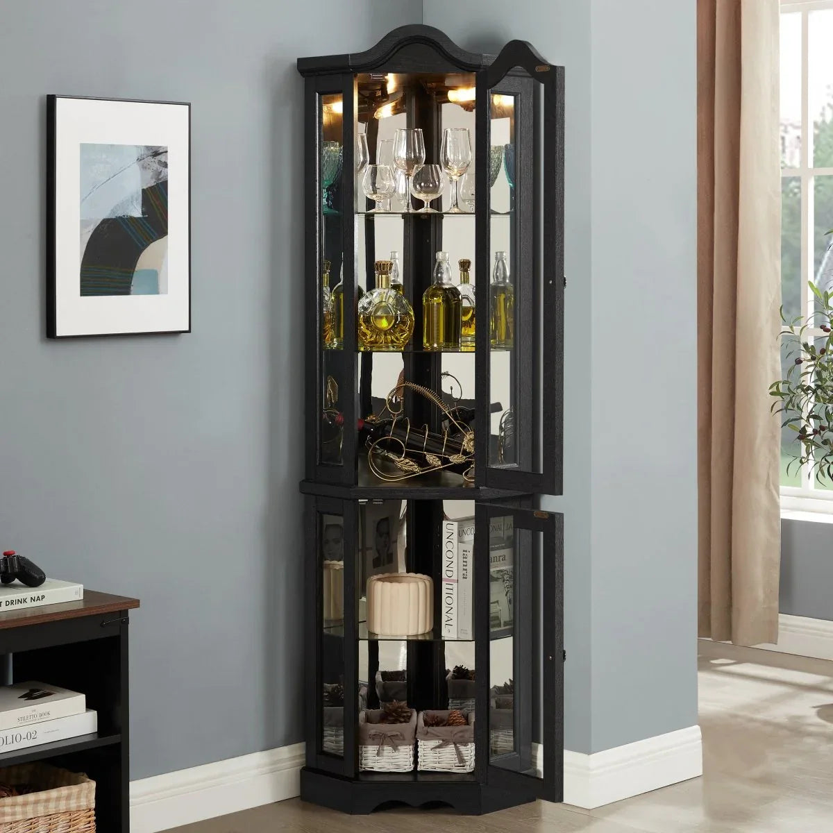 Lighted Corner Curio Cabinet With Tempered Glass Shelves - Omega Lifestyles